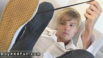 Nude men Dakota gets naked, lays down on the floor and puts his gams