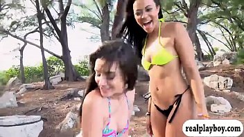 Two bikini teen girls suck off and banged in the woods