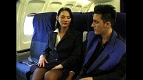 Красотка-брюнетка в униформе стюардессы трахается в самолете