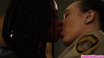 Ebony inmate eats lesbian wardens pussy