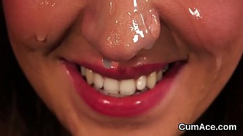 Frisky looker gets jizz shot on her face eating all the juice