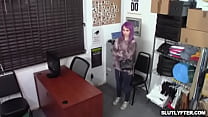 Purlple colored hair teen Val Steele sucking the security officers man meat and offers him her tight pussy to fuck