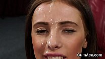 Hot centerfold gets jizz shot on her face swallowing all the cum