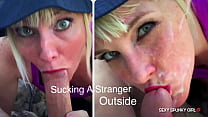 Esposa sorrateira pega estranho se masturbando no parque e depois chupa o pau: facial de sêmen ao ar livre