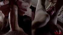 Collage of mom sucking cock and playing with the foreskin of her lover's cock, jerking off with her feet cock