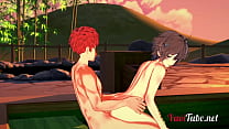 Fate Yaoi - Shirou e Sieg fanno sesso in un onsen. Pompino e anale senza preservativo con creampie e sborra in bocca 2/2