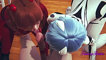 Evangelion Hentai 3D - Trio Shinji, Asuka e Rei nella stanza di Shinji succhiano il cazzo di Shinji fino a quando non le viene in bocca, poi mangia la loro figa e li scopa