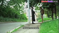 Busty euro pulled outdoors for kinky sex in public