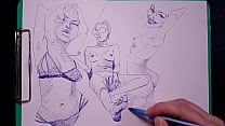 Drawing sexy girls with big tits, juicy ass with a ballpoint pen