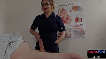 Voyeur bosomy nurse in stockings watches patient jerking