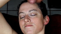 My cum dumpster gets a huge homemade facial load right in her eye