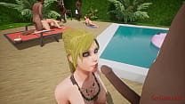 Rubia tiene sexo en la piscina junto a sus amigos