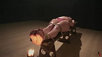 Fire play with topless Kristina that stretched and tied on a bench
