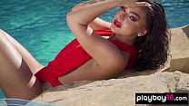 Glamorous all natural Emjay Rinaudo stripped and posed by the pool outdoor