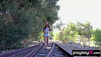 Big boobed naked Ukrainian brunette babe Gloria Sol posing by the rails